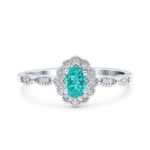 Halo Art Deco Oval Ring Simulated Paraiba Tourmaline CZ 925 Sterling Silver